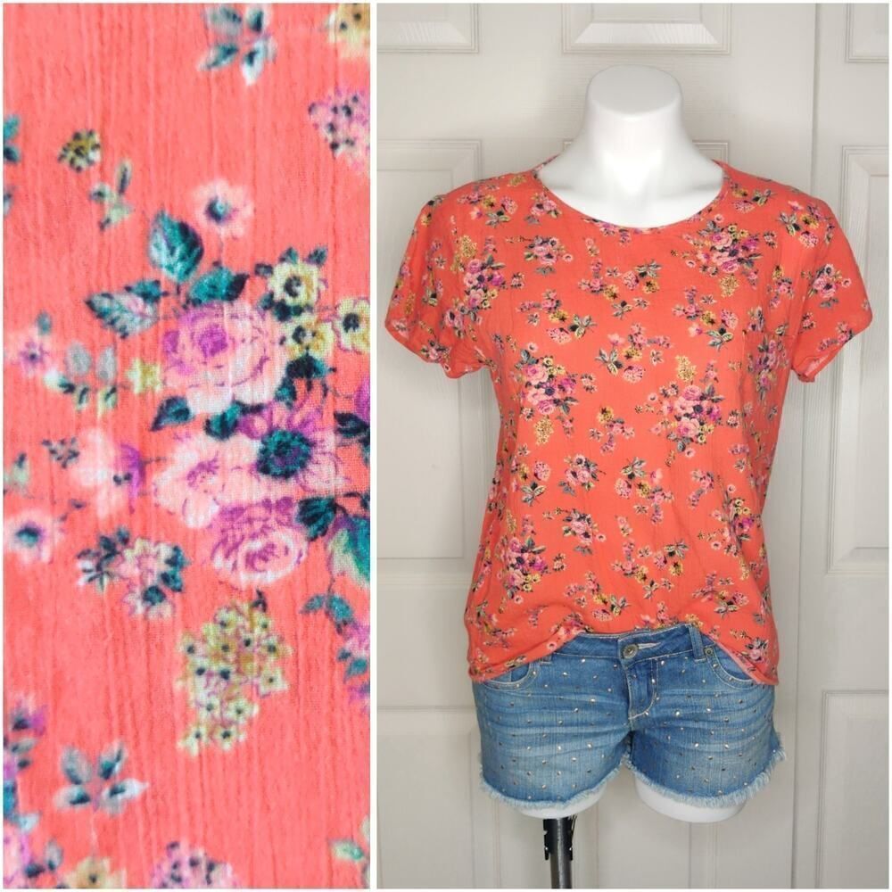 Bobeau coral floral print pullover cotton top sz S